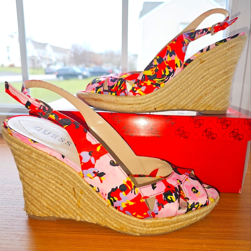 Guess floral wedge heels, pink/red/yellow/black fabric. Size 8.5M